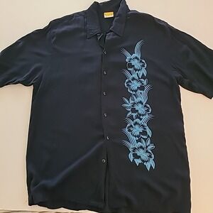 Done‎ Down Under Hawaiian Shirt L Blue Floral Made in USA Aloha Button Up
